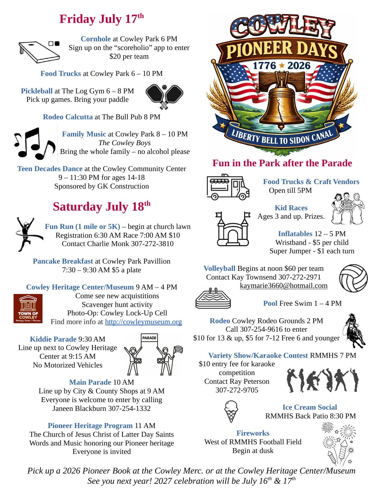 Cowley Pioneer Days 2026 schedule flyer